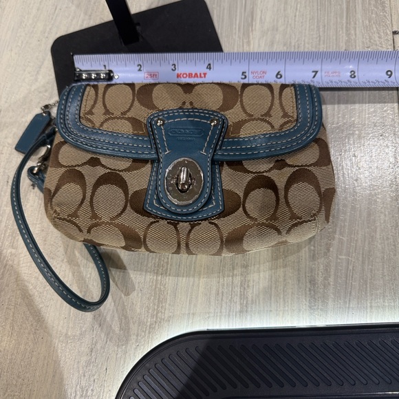 Coach Legacy Turn Lock Monogram Wristlet in Tan and Blue